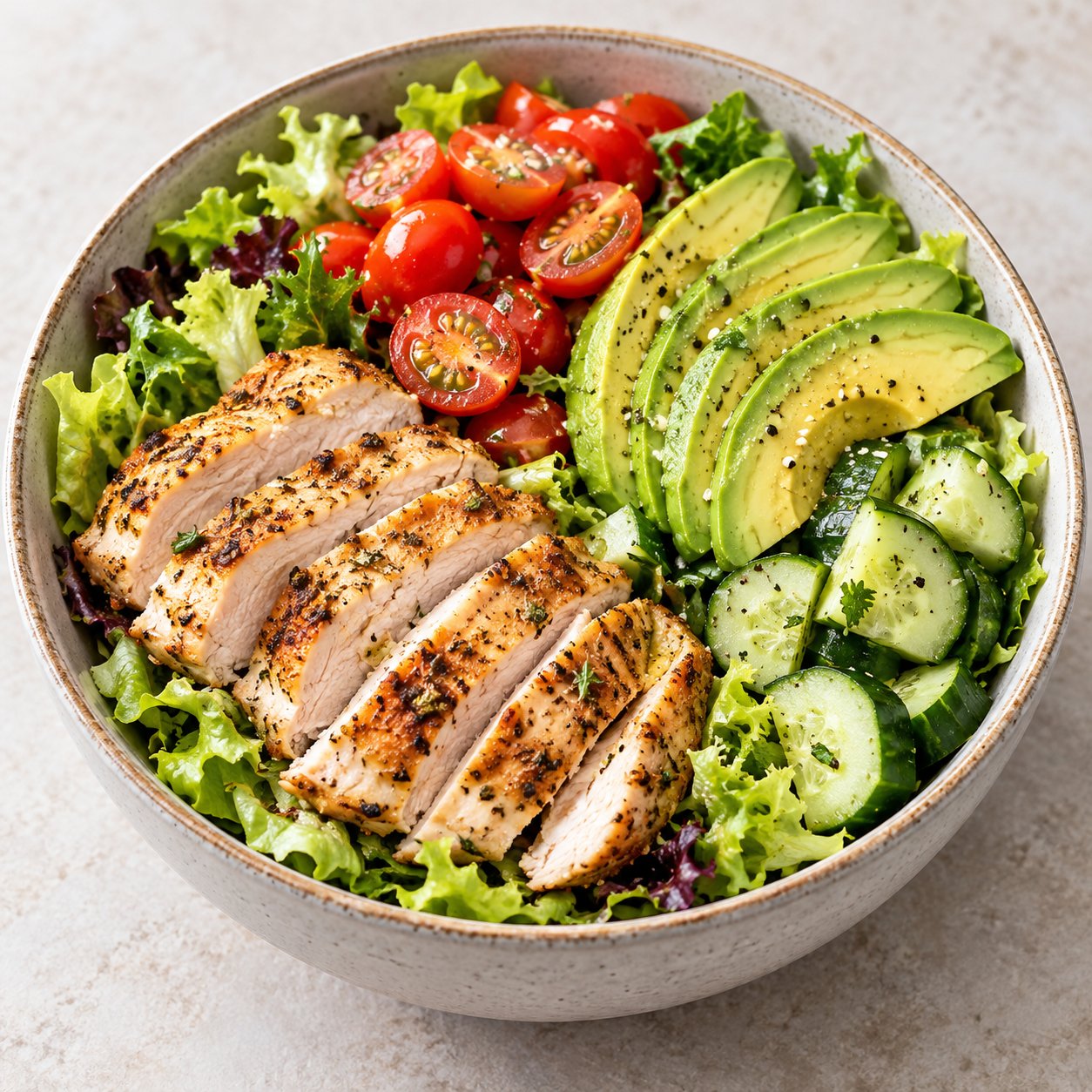 Bowl de poulet, avocat et légumes